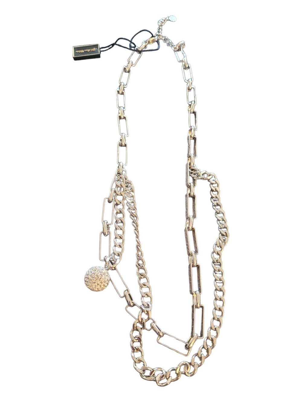 Silver-Tone Layered Mixed-Link Necklace with Pavé Disc